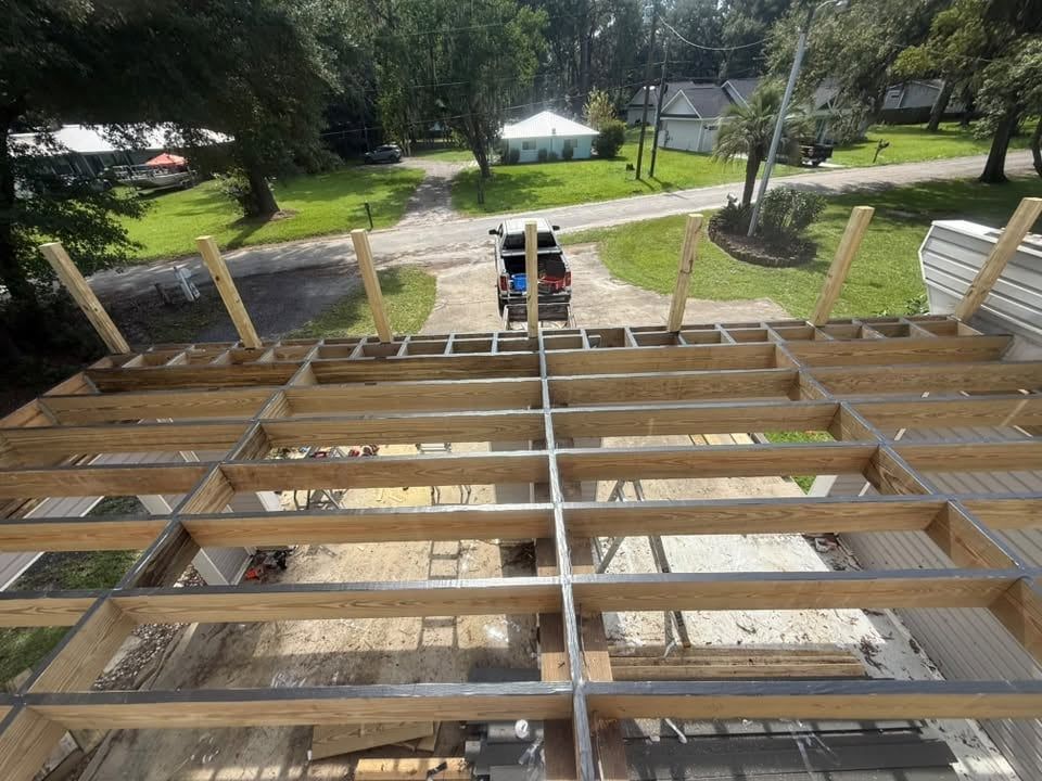 Deck framing seen from above before decking is installed